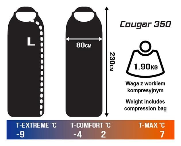 Śpiwór koperta z kapturem Cougar 350 czarny Campus L-225127