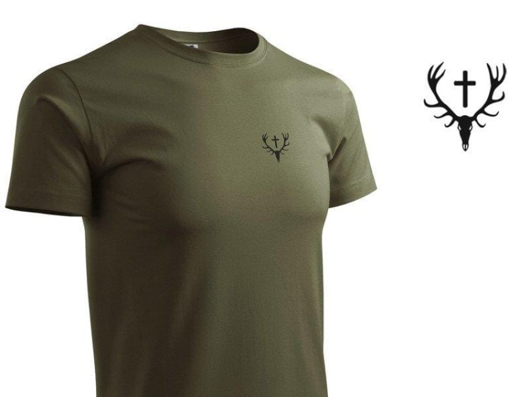 Koszulka myśliwska zieleń wojskowa Wieniec jelenia, czarny nadruk-227412