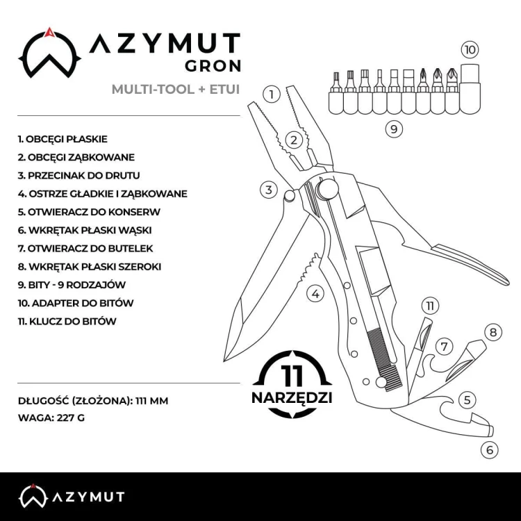 Multitool AZYMUT Gron, 11 narzędzi,  9 bitów, kabura H-P224052-229814