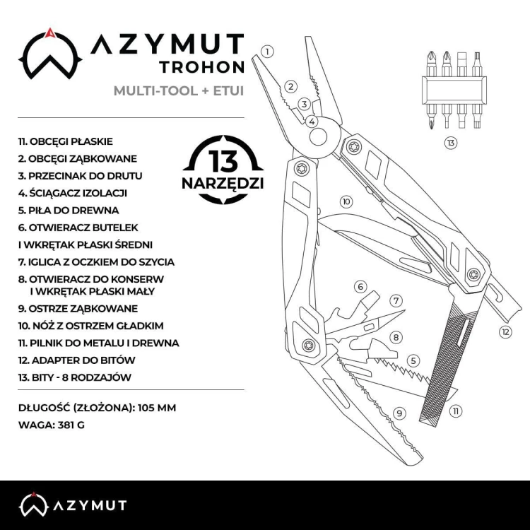 Multitool AZYMUT Trohon, 12 narzędzi,  8 bitów, kabura-229826