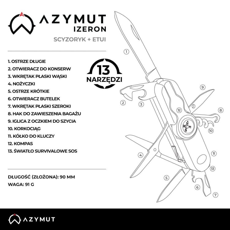 Scyzoryk AZYMUT Izeron, 13 narzędzi + kabura-229847