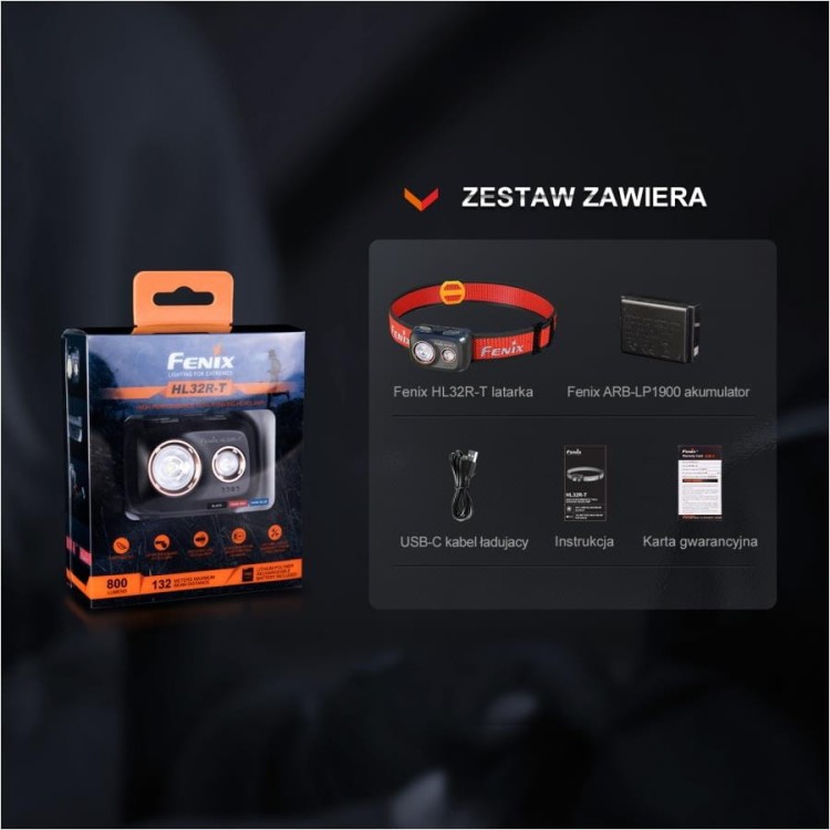 Latarka diodowa Fenix HL32R-T czołówka czarna USB-C 800 lm-230675
