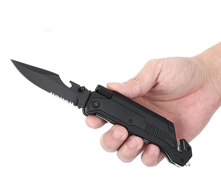 Nóż składany ratowniczy, mini latarka, krzesiwo, zbijak-232253