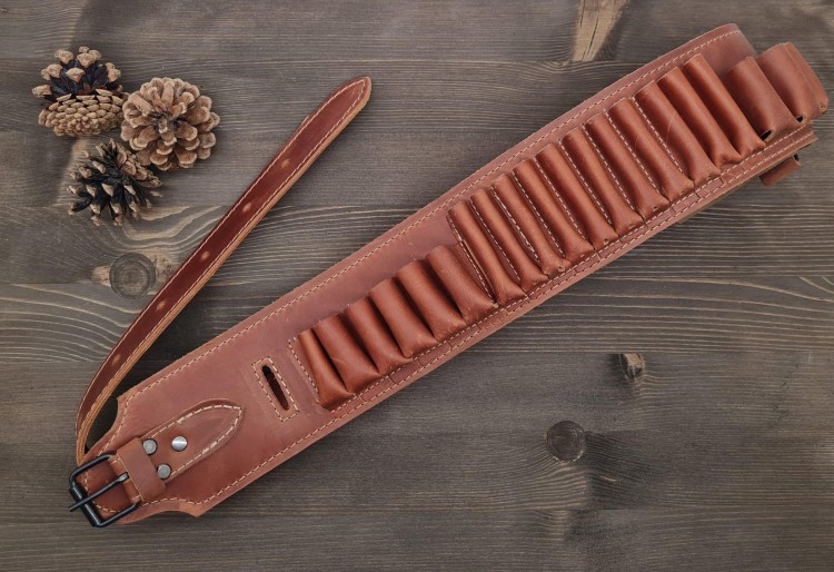 Skórzany pas kombinowany na amunicję śrutową i kulową kasztan brąz myśliwski-235302