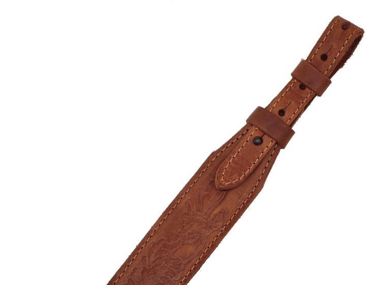 Pas nośny do broni myśliwskiej skórzany kasztan brąz z kozłem tłoczony-235304