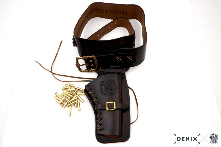 Kowbojski pas skórzany z nabojami i kaburą brązowy-238131
