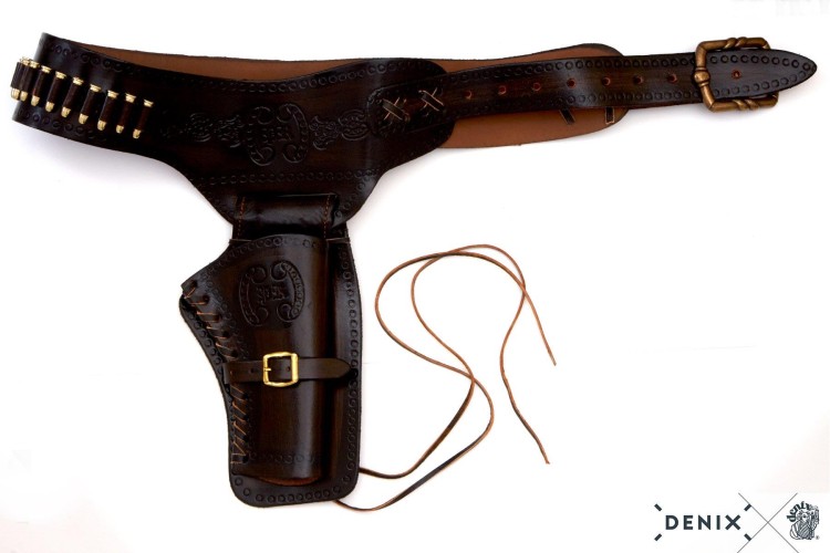 Kowbojski pas skórzany z nabojami i kaburą brązowy-238130