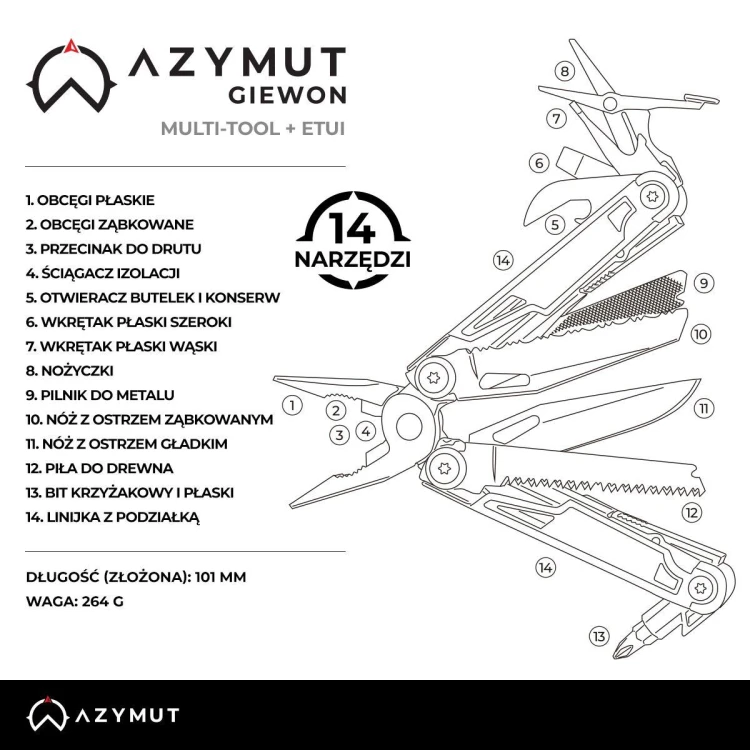 Multitool AZYMUT Giewon, 14 narzędzi + kabura do pasa H2038-229804