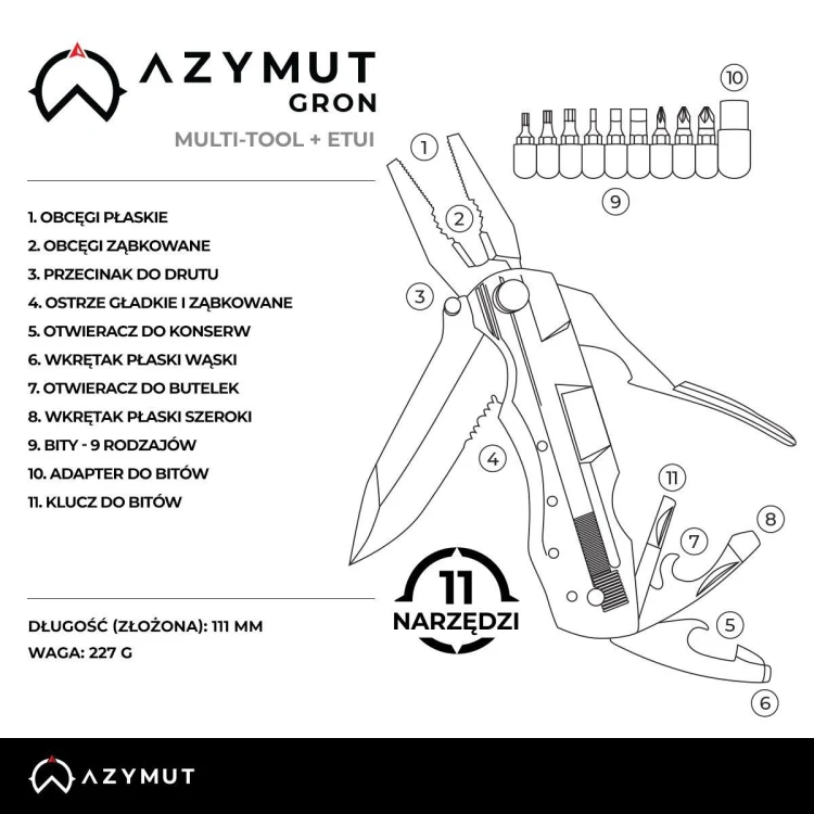 Multitool AZYMUT Gron, 11 narzędzi,  9 bitów, kabura H-P224052-229814