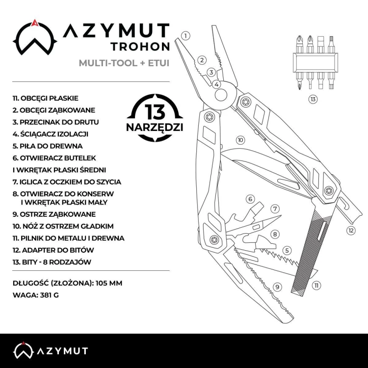 Multitool AZYMUT Trohon, 12 narzędzi,  8 bitów, kabura-229826
