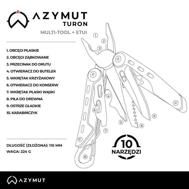 Multitool AZYMUT Turon, 10 narzędzi, karabinek, kabura-229837
