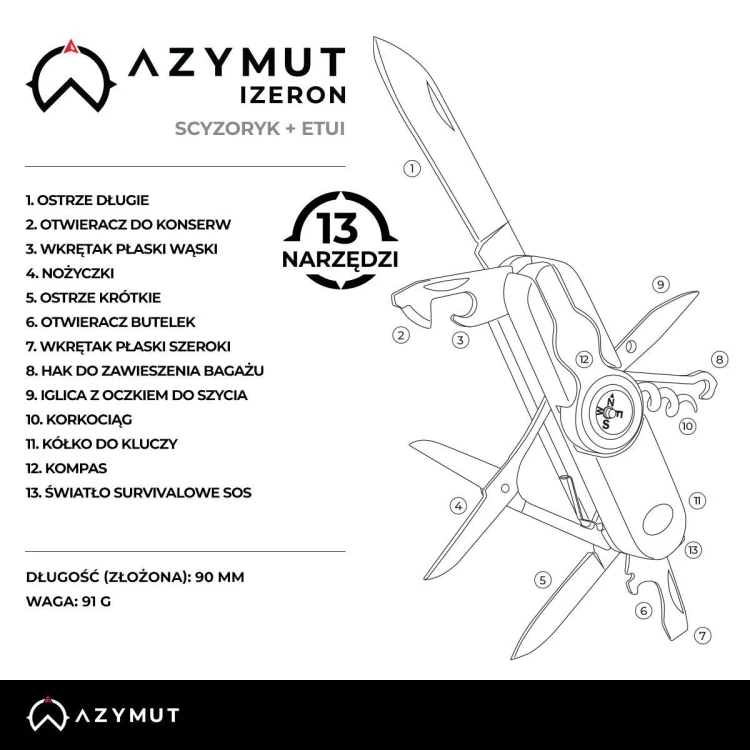 Scyzoryk AZYMUT Izeron, 13 narzędzi + kabura-229847