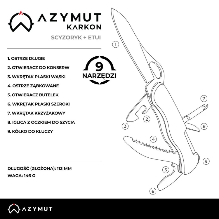 Scyzoryk AZYMUT Karkon, 9 narzędzi + kabura-229856