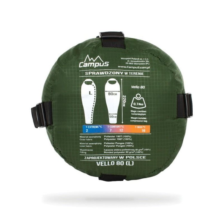 Śpiwór Vello 80 mumia z kapturem zielony Campus L-225151