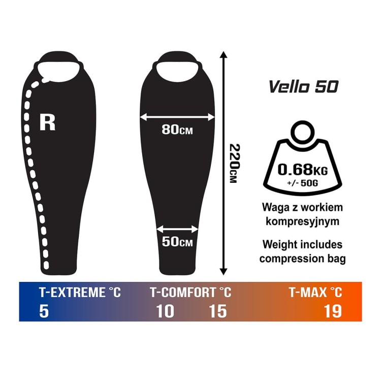 Śpiwór Vello 50 mumia z kapturem czarny Campus L-225166