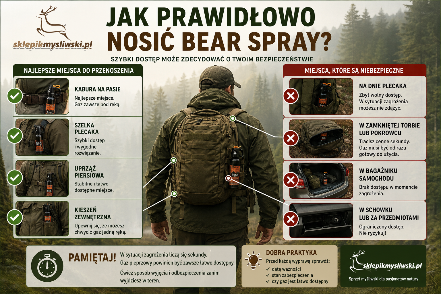 Jak prawidłowo nosić gaz pieprzowy na niedźwiedzie? - Infografika - sklep myśliwski